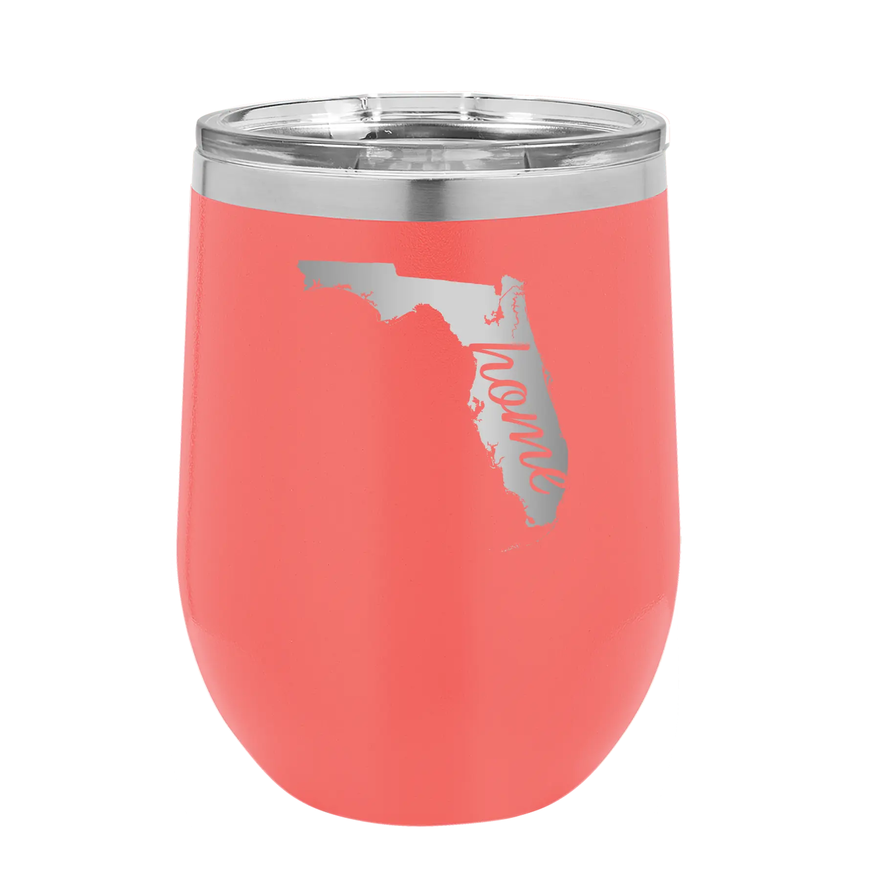 Laser etched coral 12 oz vacuum insulated wine cup with 'Florida Home' design
