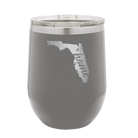 Laser etched dark gray 12 oz vacuum insulated wine cup with 'Florida Home' design