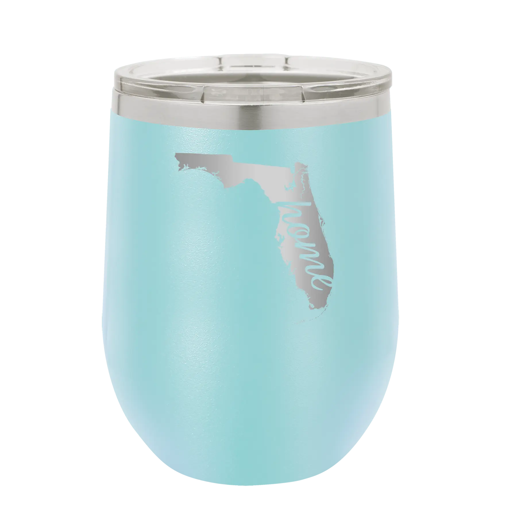 Laser etched light blue 12 oz vacuum insulated wine cup with 'Florida Home' design
