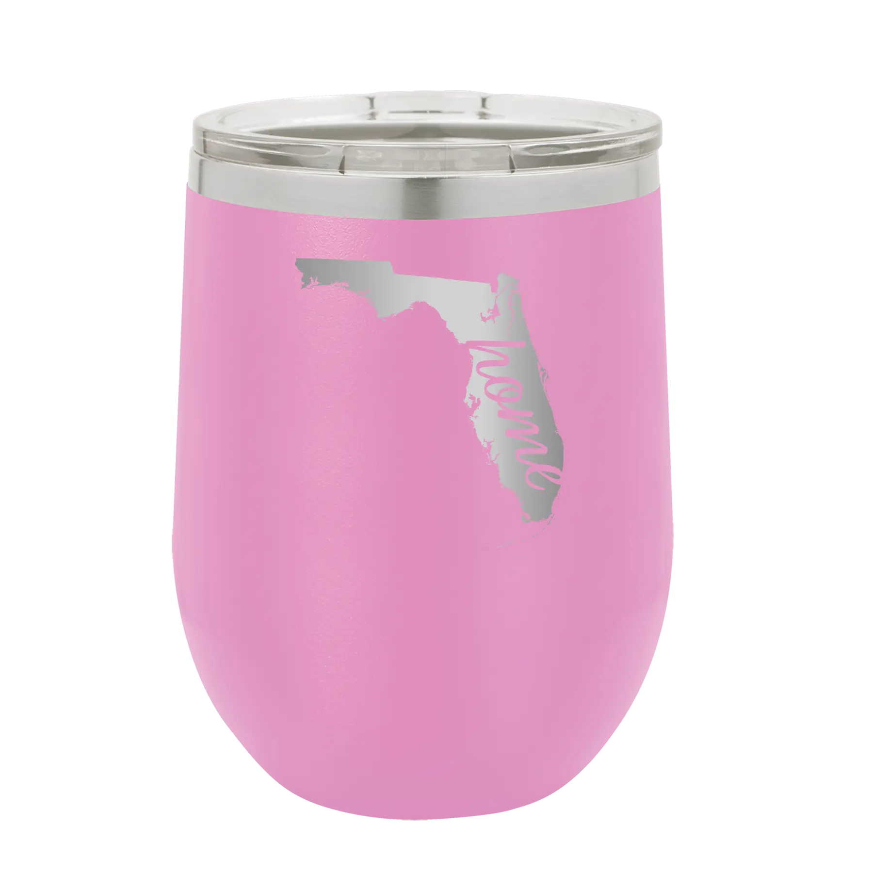 Laser etched light purple 12 oz vacuum insulated wine cup with 'Florida Home' design