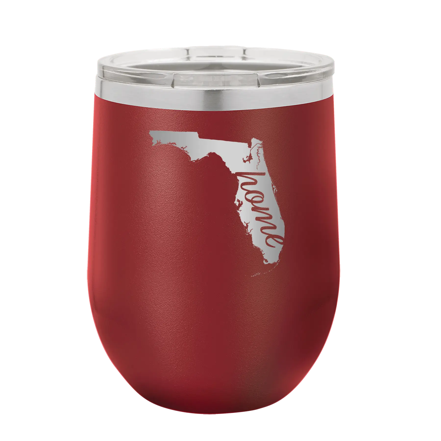 Laser etched maroon 12 oz vacuum insulated wine cup with 'Florida Home' design