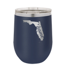 Laser etched navy 12 oz vacuum insulated wine cup with 'Florida Home' design