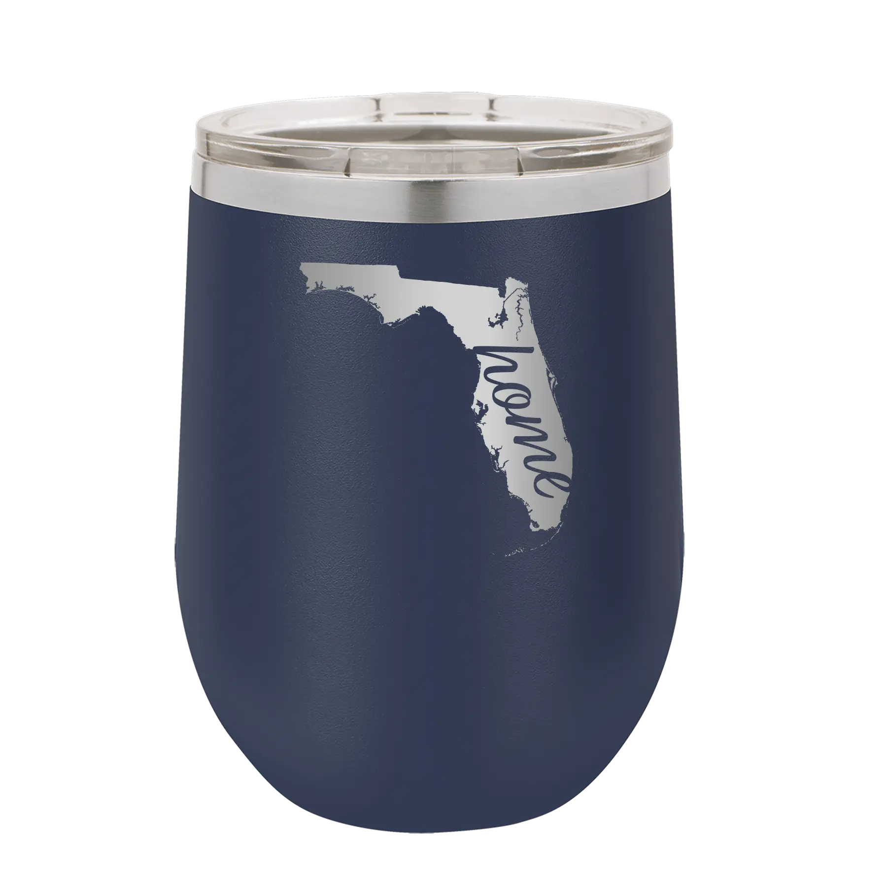 Laser etched navy 12 oz vacuum insulated wine cup with 'Florida Home' design