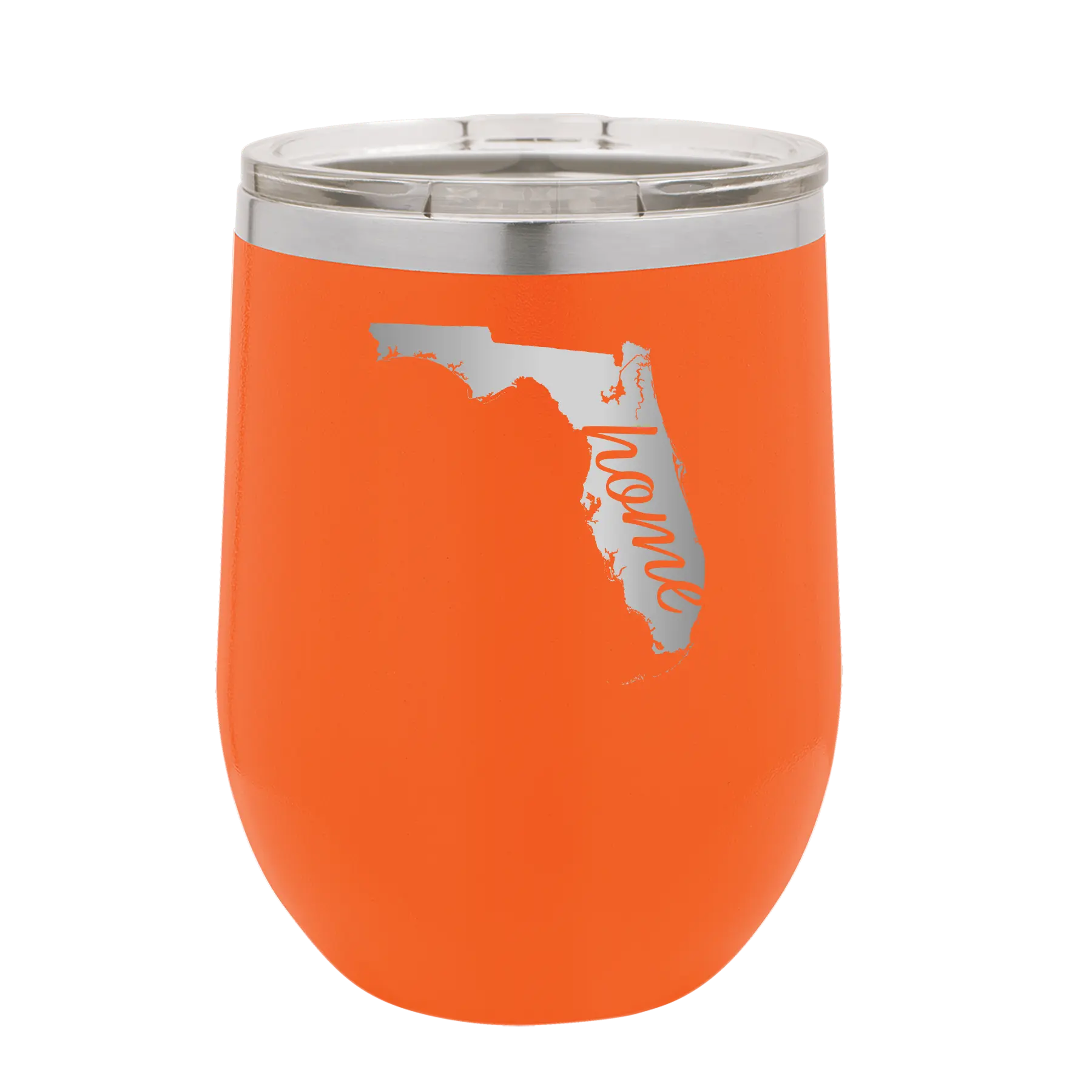 Laser etched orange 12 oz vacuum insulated wine cup with 'Florida Home' design