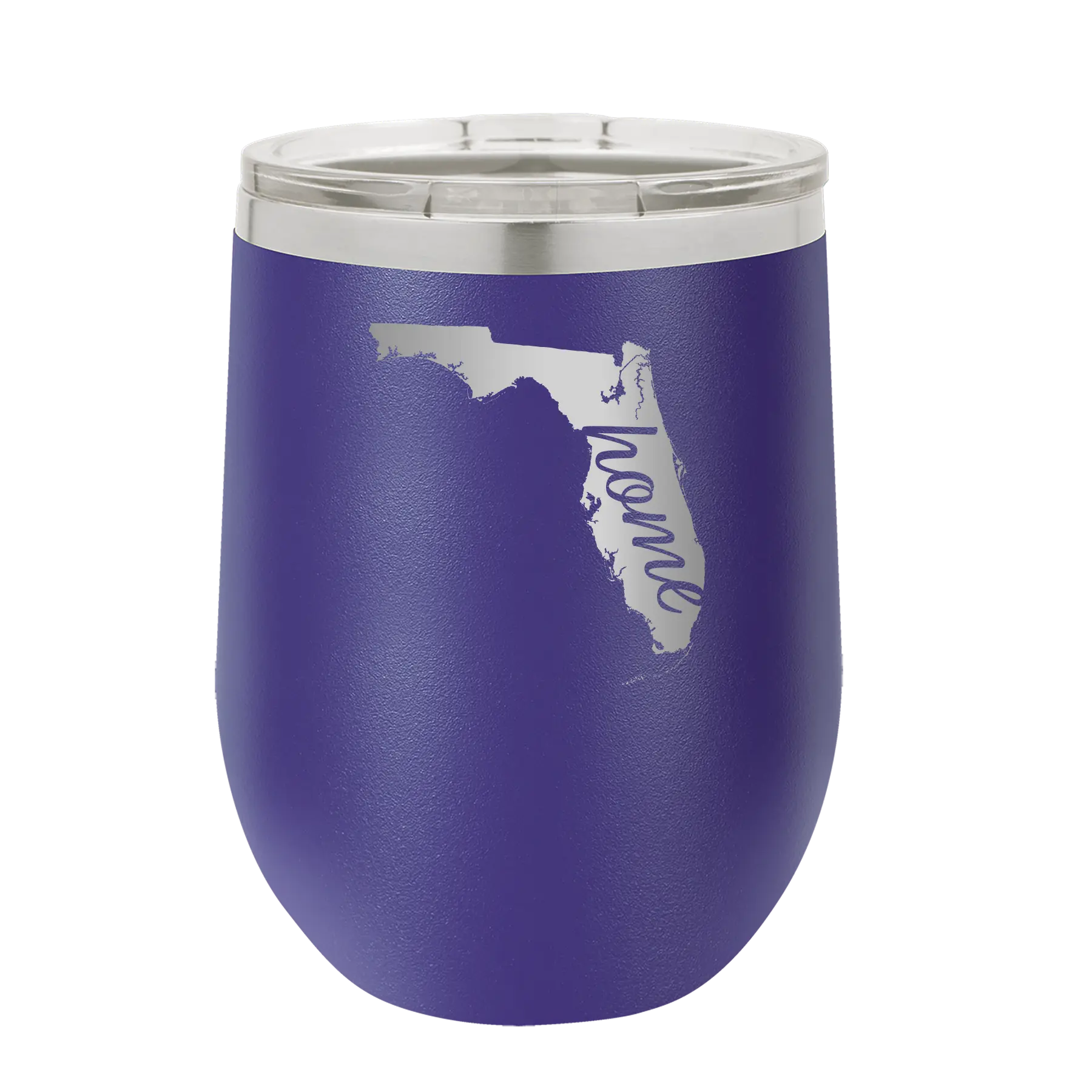 Laser etched purple 12 oz vacuum insulated wine cup with 'Florida Home' design