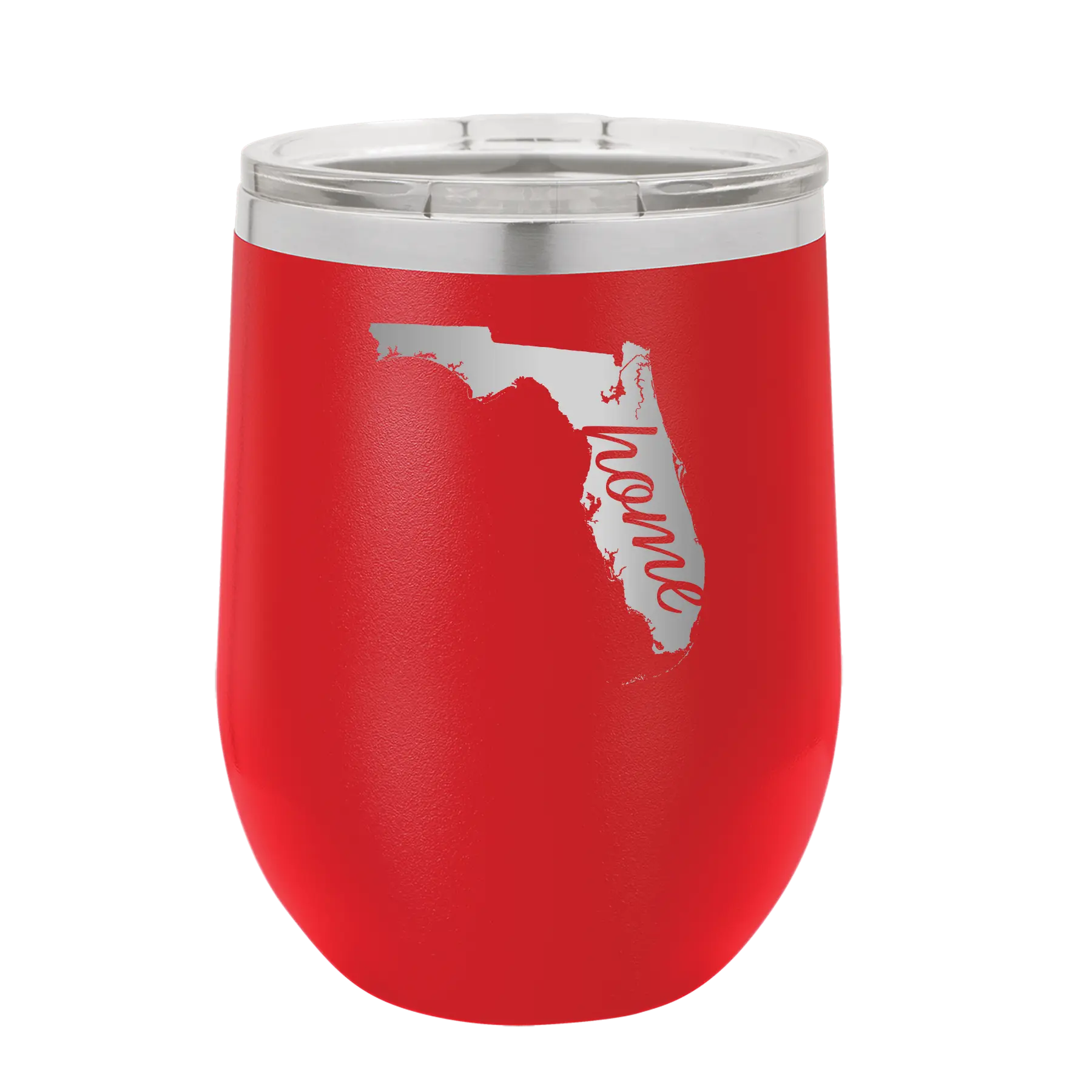 Laser etched red 12 oz vacuum insulated wine cup with 'Florida Home' design