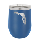 Laser etched royal blue 12 oz vacuum insulated wine cup with 'Florida Home' design