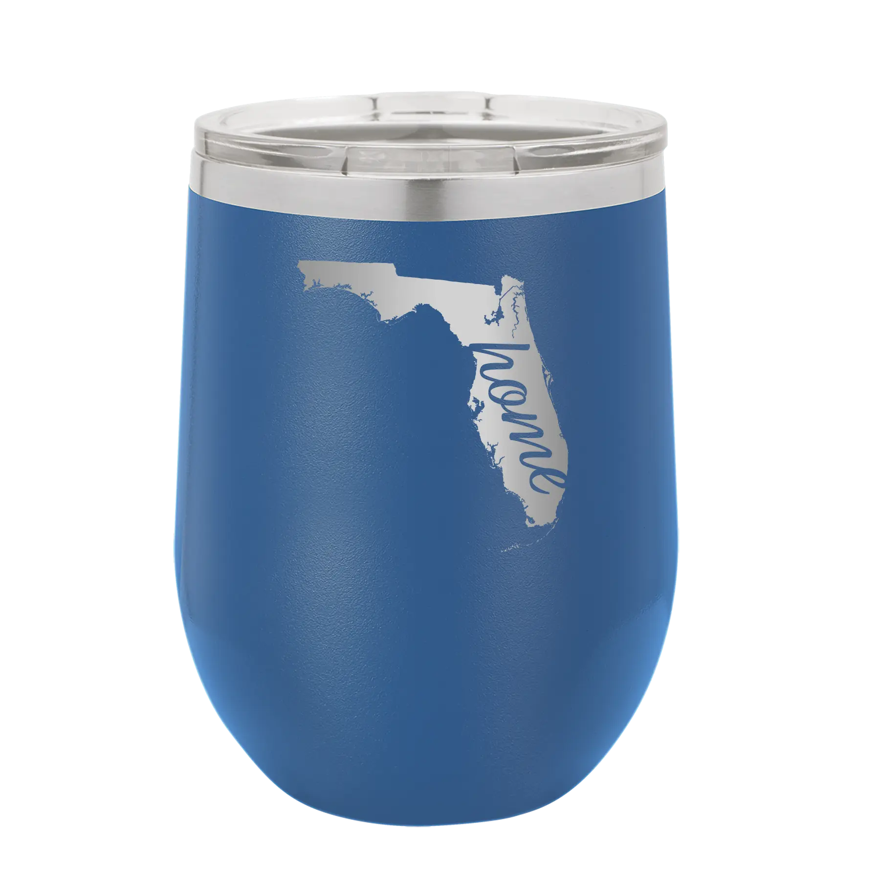 Laser etched royal blue 12 oz vacuum insulated wine cup with 'Florida Home' design