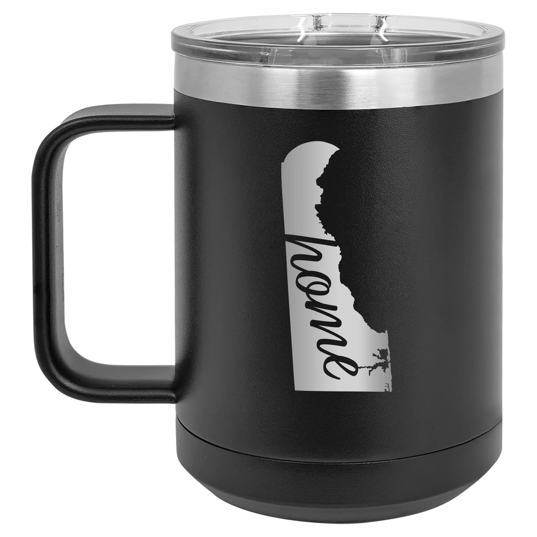 Laser etched black 15 oz vacuum insulated coffee mug with 'Delaware Home' design