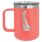 Laser etched coral 15 oz vacuum insulated coffee mug with 'Delaware Home' design