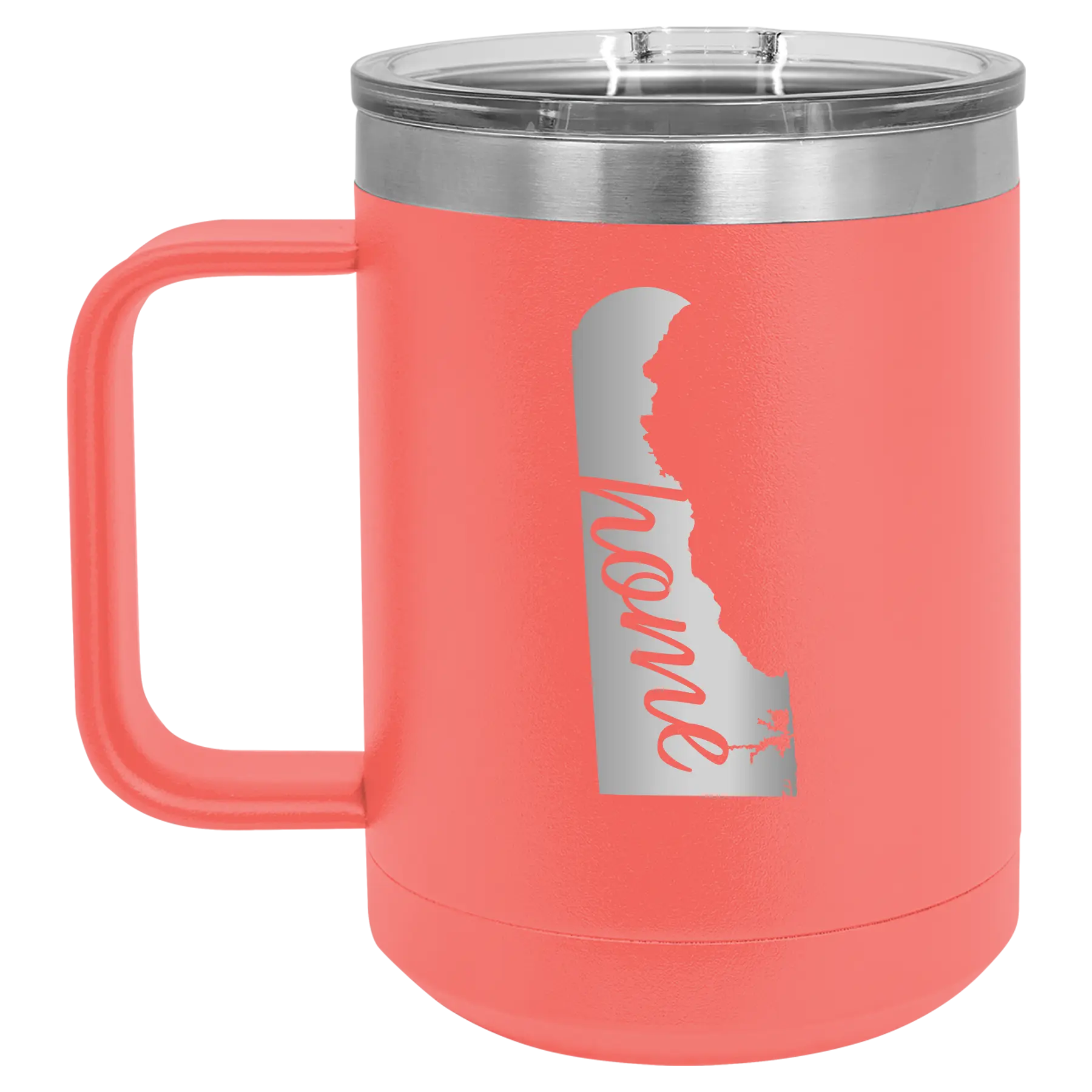 Laser etched coral 15 oz vacuum insulated coffee mug with 'Delaware Home' design