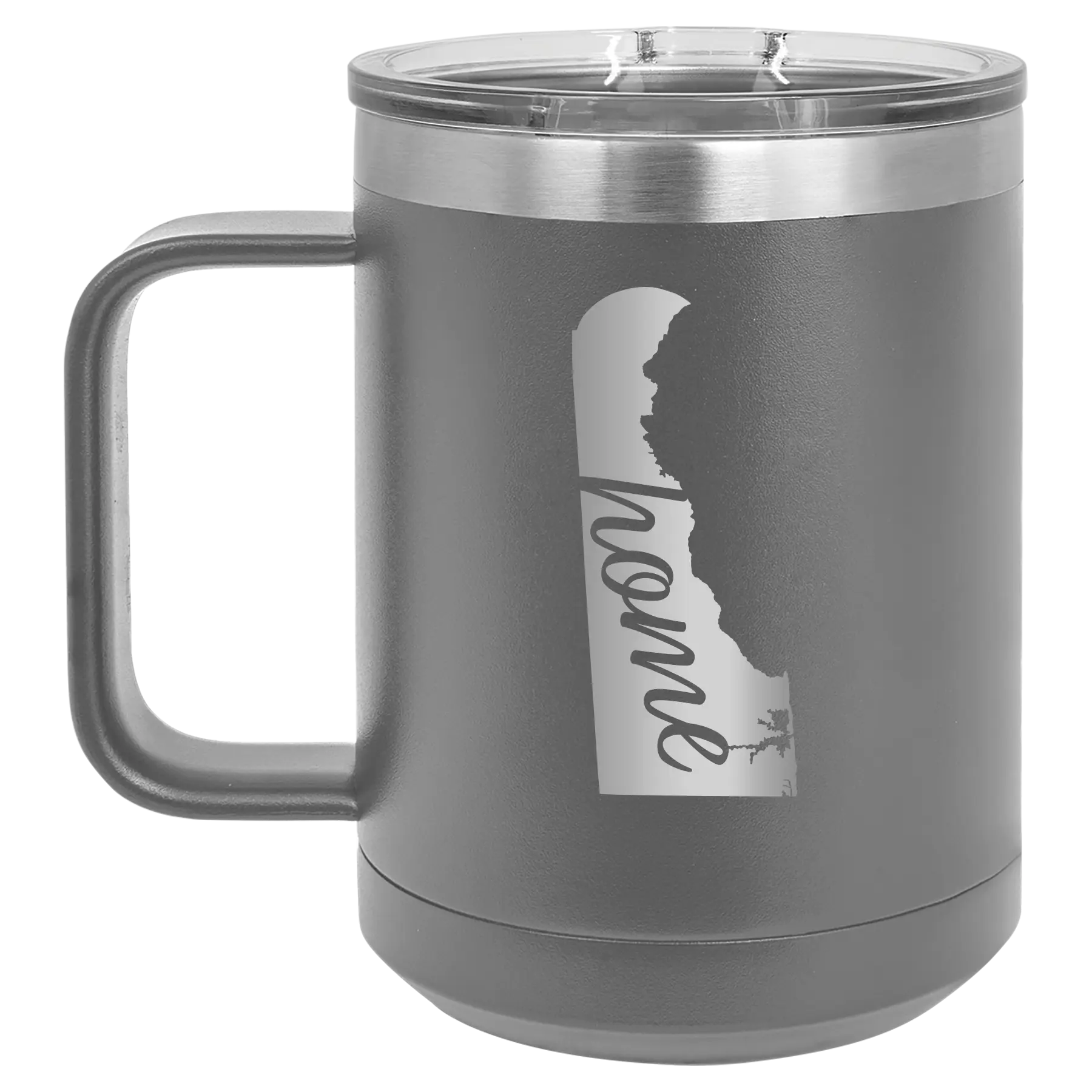 Laser etched dark gray 15 oz vacuum insulated coffee mug with 'Delaware Home' design