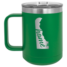 Laser etched green 15 oz vacuum insulated coffee mug with 'Delaware Home' design