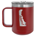 Laser etched maroon 15 oz vacuum insulated coffee mug with 'Delaware Home' design
