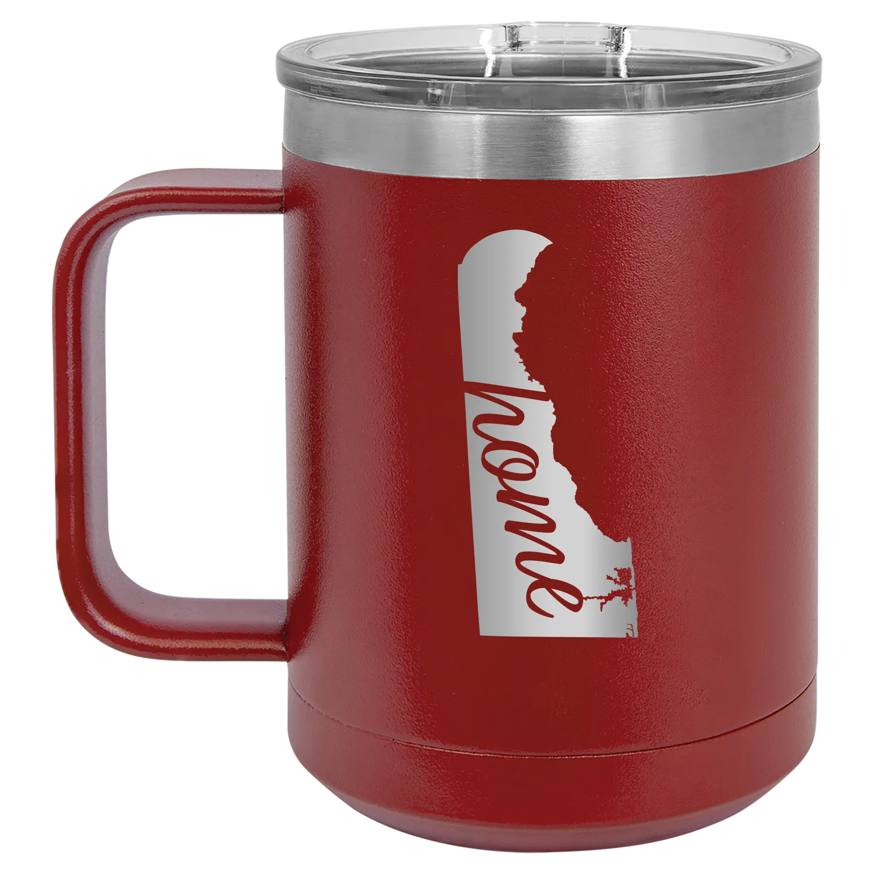 Laser etched maroon 15 oz vacuum insulated coffee mug with 'Delaware Home' design