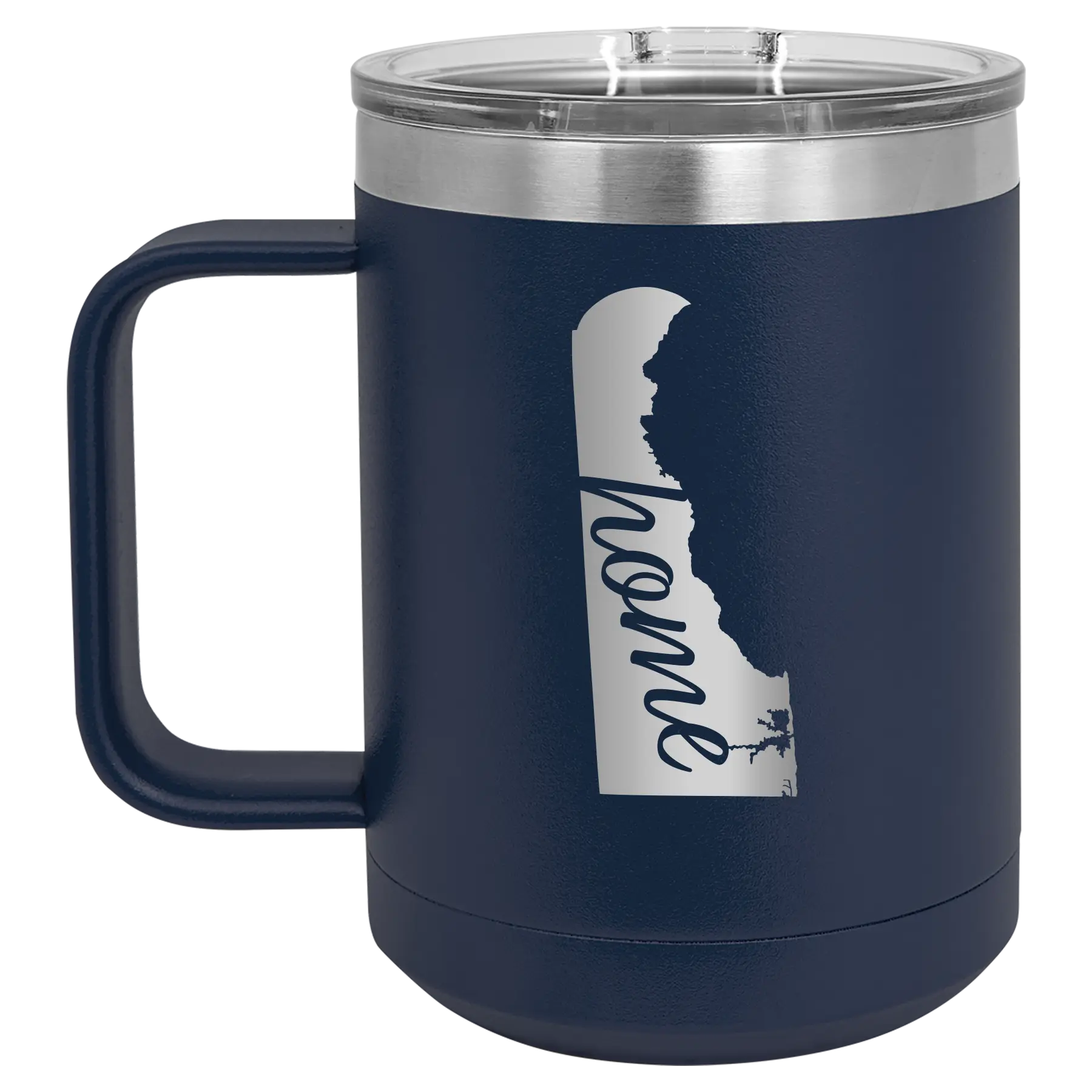 Laser etched navy 15 oz vacuum insulated coffee mug with 'Delaware Home' design