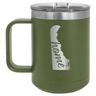 Laser etched olive green 15 oz vacuum insulated coffee mug with 'Delaware Home' design