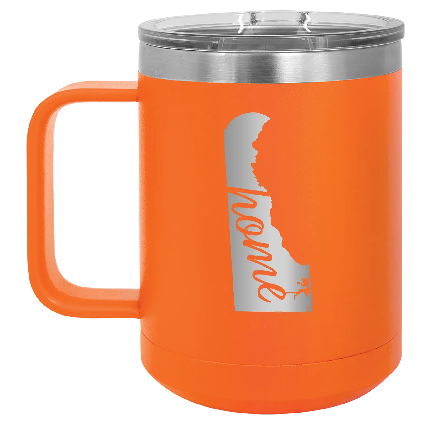 Laser etched orange 15 oz vacuum insulated coffee mug with 'Delaware Home' design