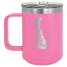Laser etched pink 15 oz vacuum insulated coffee mug with 'Delaware Home' design