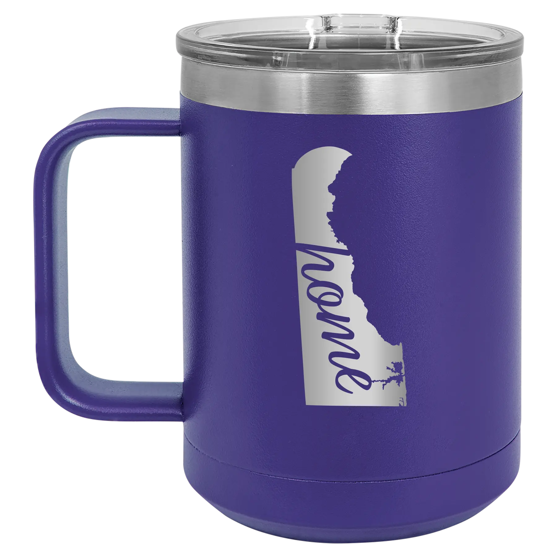 Laser etched purple 15 oz vacuum insulated coffee mug with 'Delaware Home' design