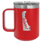 Laser etched red 15 oz vacuum insulated coffee mug with 'Delaware Home' design