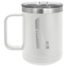 Laser etched white 15 oz vacuum insulated coffee mug with 'Delaware Home' design