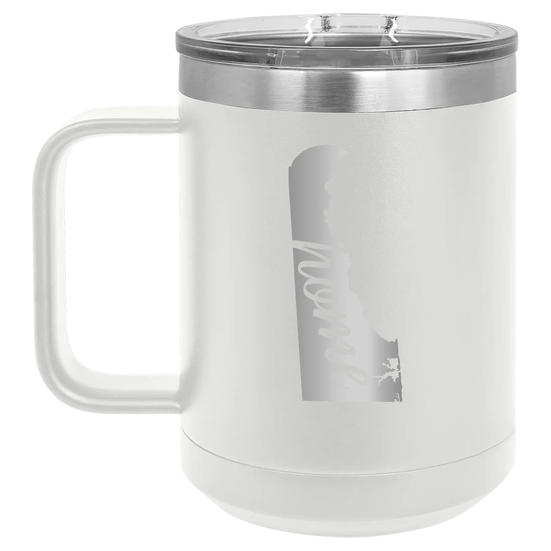 Laser etched white 15 oz vacuum insulated coffee mug with 'Delaware Home' design
