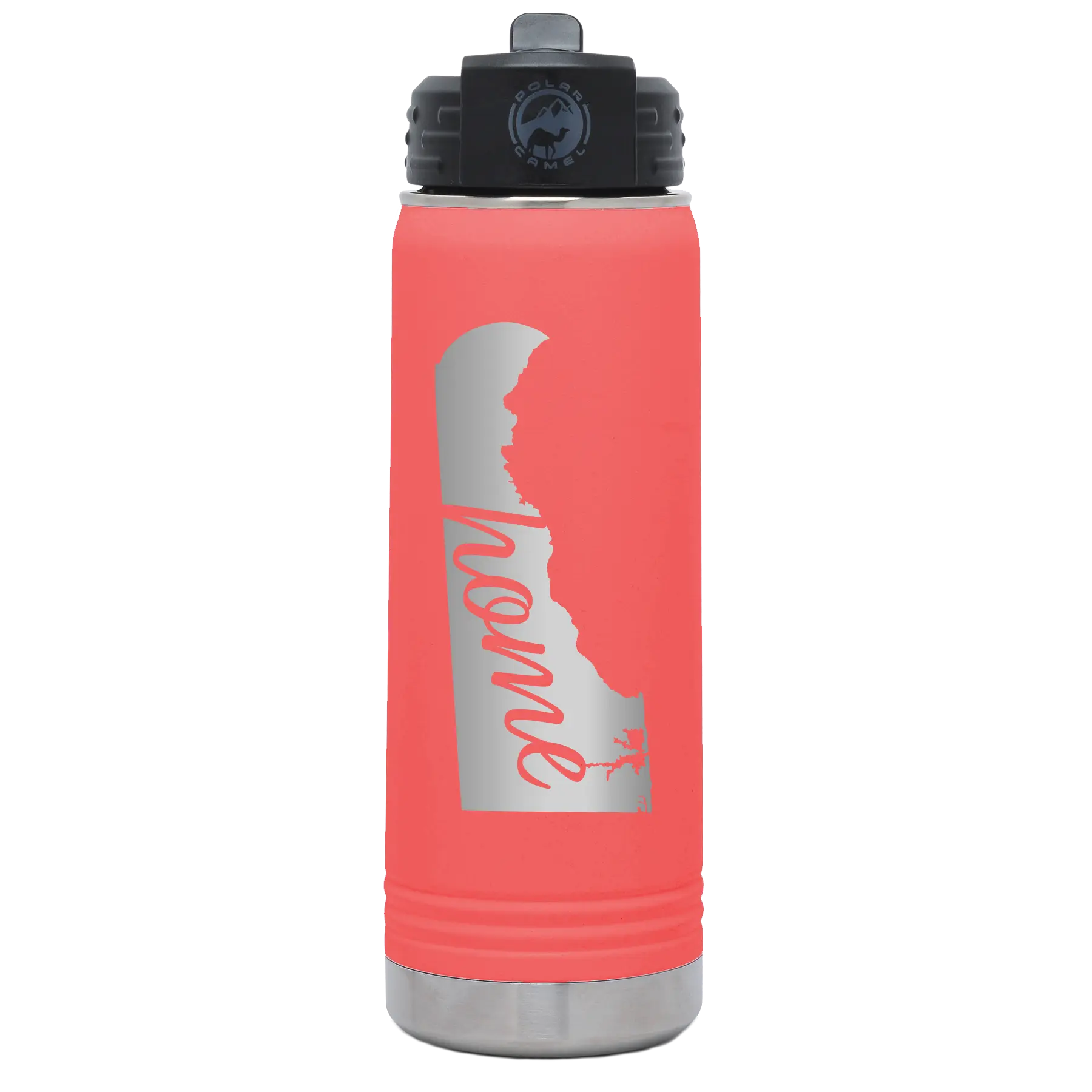 Laser etched coral 20 oz vacuum insulated water bottle with 'Delaware Home' design