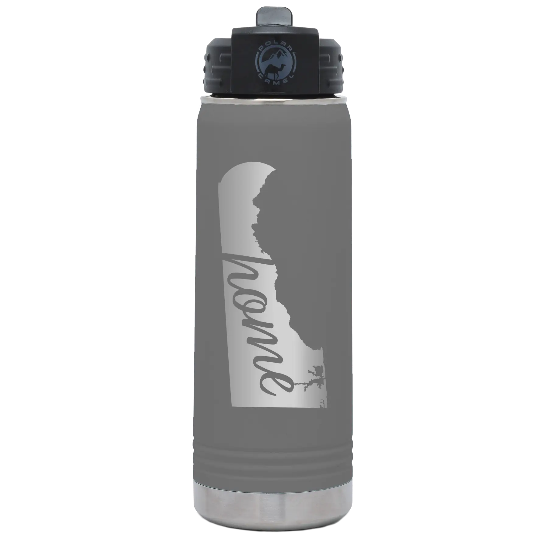 Laser etched dark gray 20 oz vacuum insulated water bottle with 'Delaware Home' design