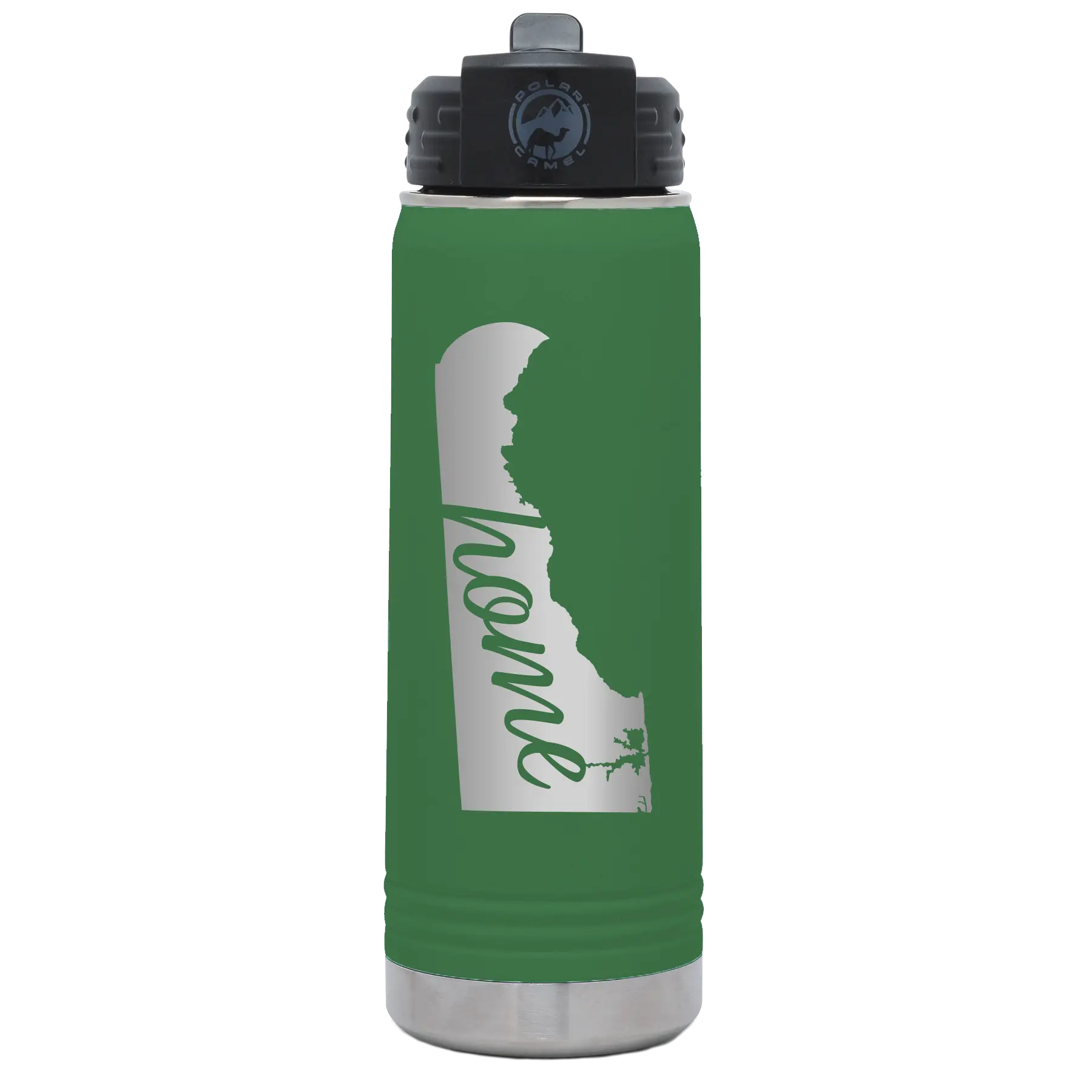 Laser etched green 20 oz vacuum insulated water bottle with 'Delaware Home' design