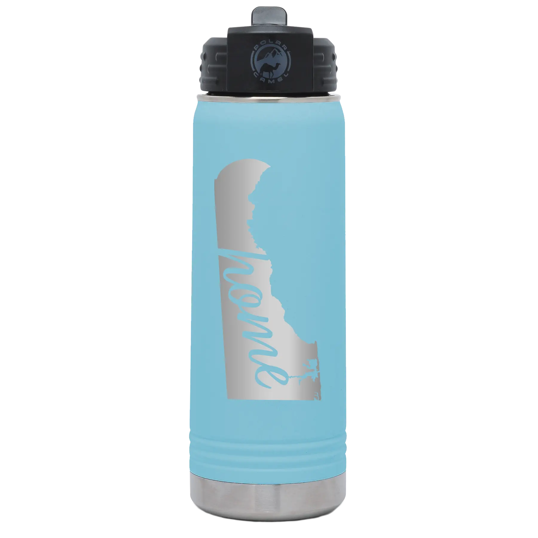Laser etched light blue 20 oz vacuum insulated water bottle with 'Delaware Home' design
