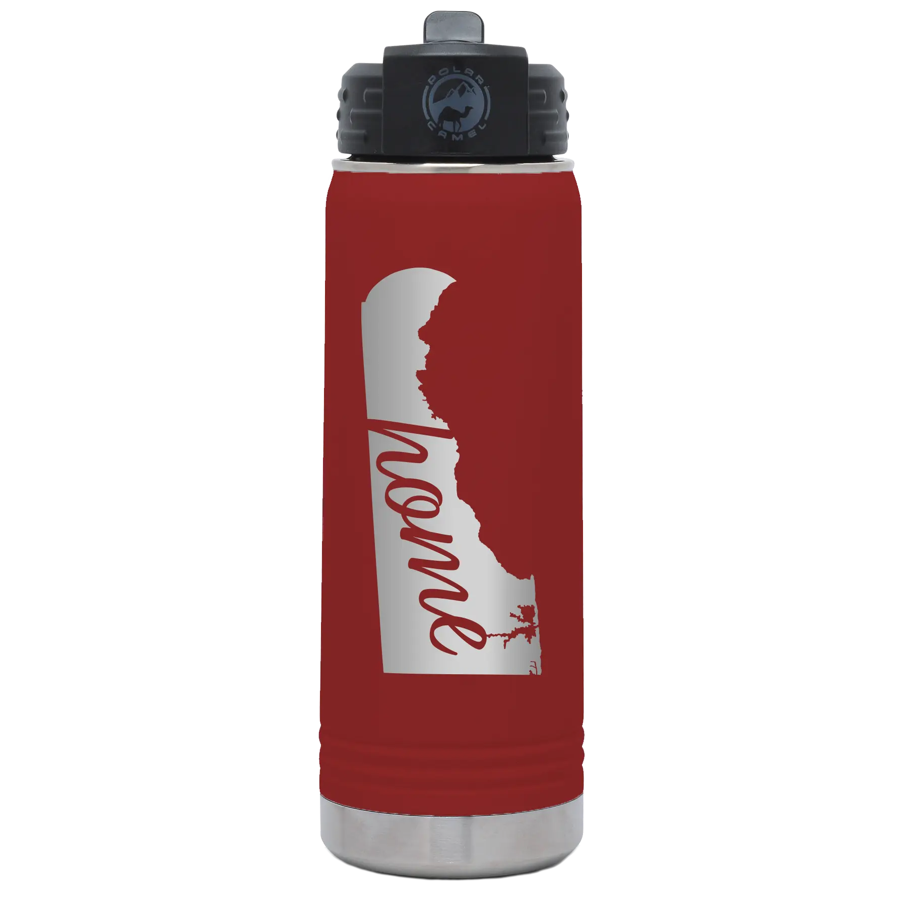 Laser etched maroon 20 oz vacuum insulated water bottle with 'Delaware Home' design