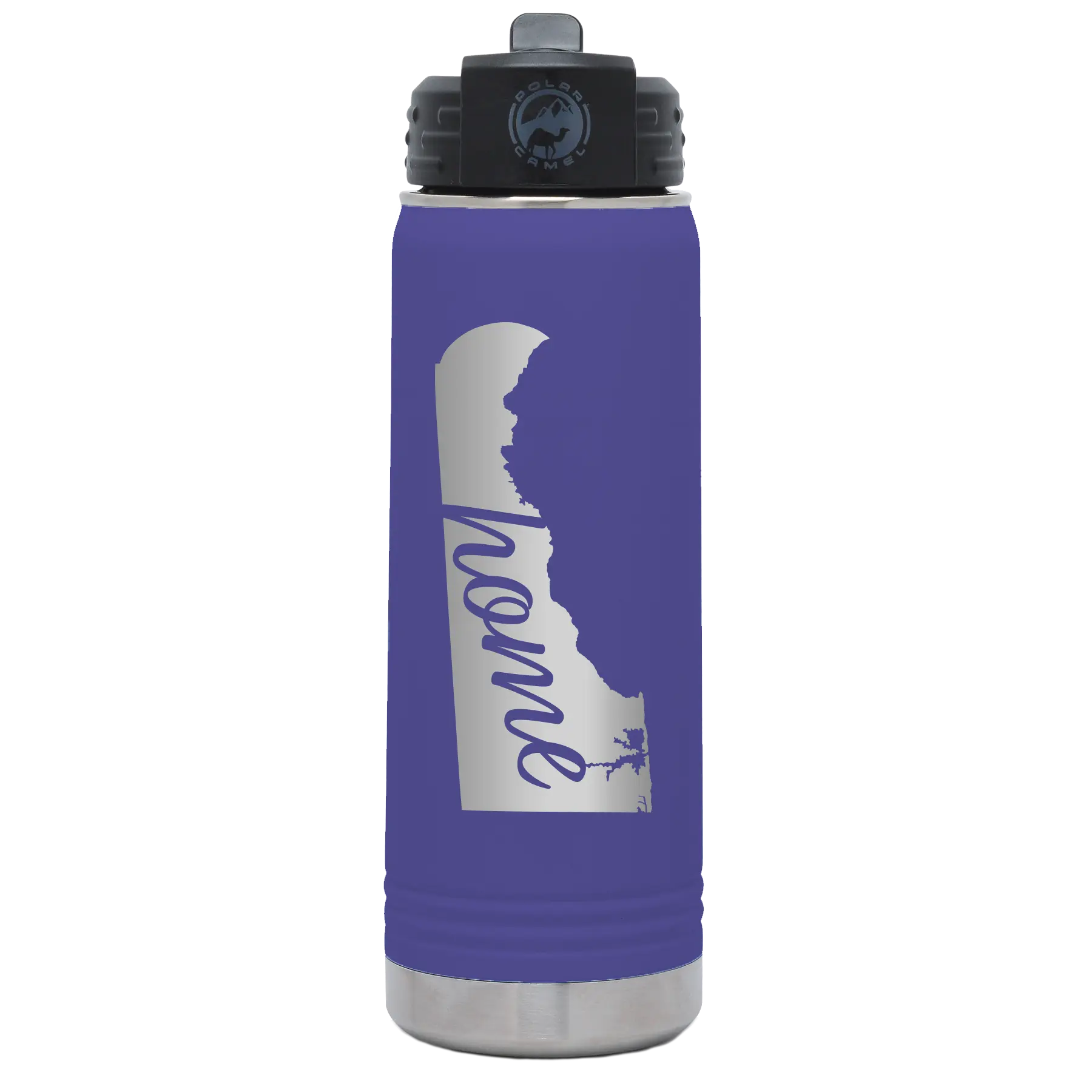 Laser etched purple 20 oz vacuum insulated water bottle with 'Delaware Home' design