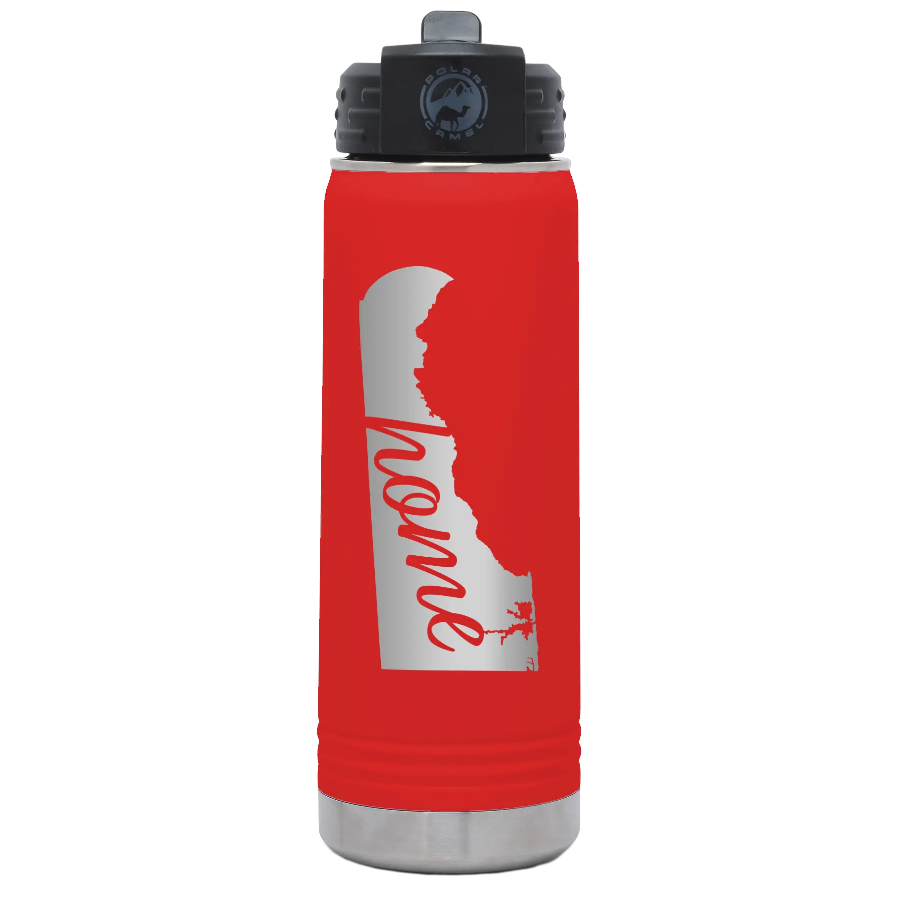 Laser etched red 20 oz vacuum insulated water bottle with 'Delaware Home' design