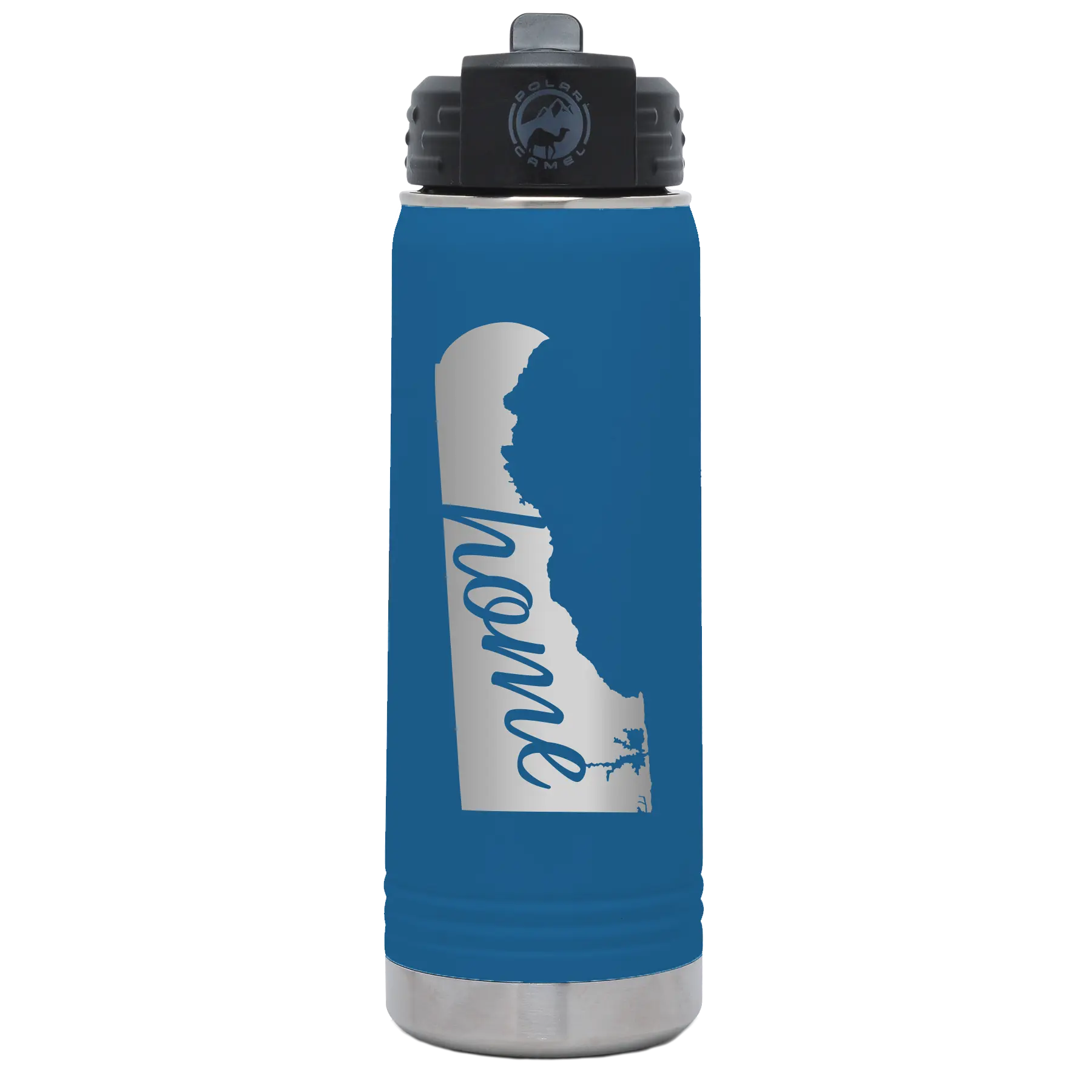Laser etched royal blue 20 oz vacuum insulated water bottle with 'Delaware Home' design