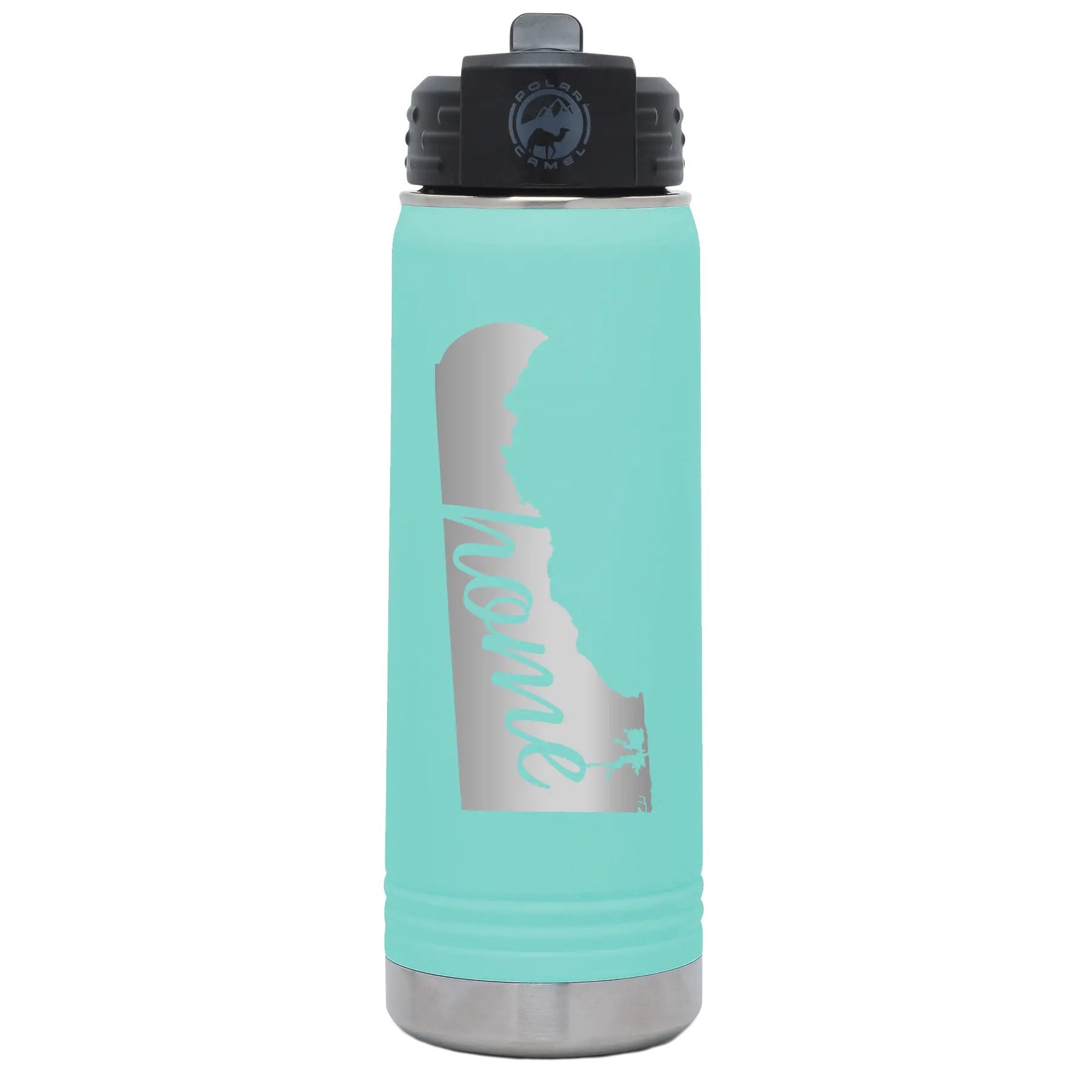 Laser etched teal 20 oz vacuum insulated water bottle with 'Delaware Home' design