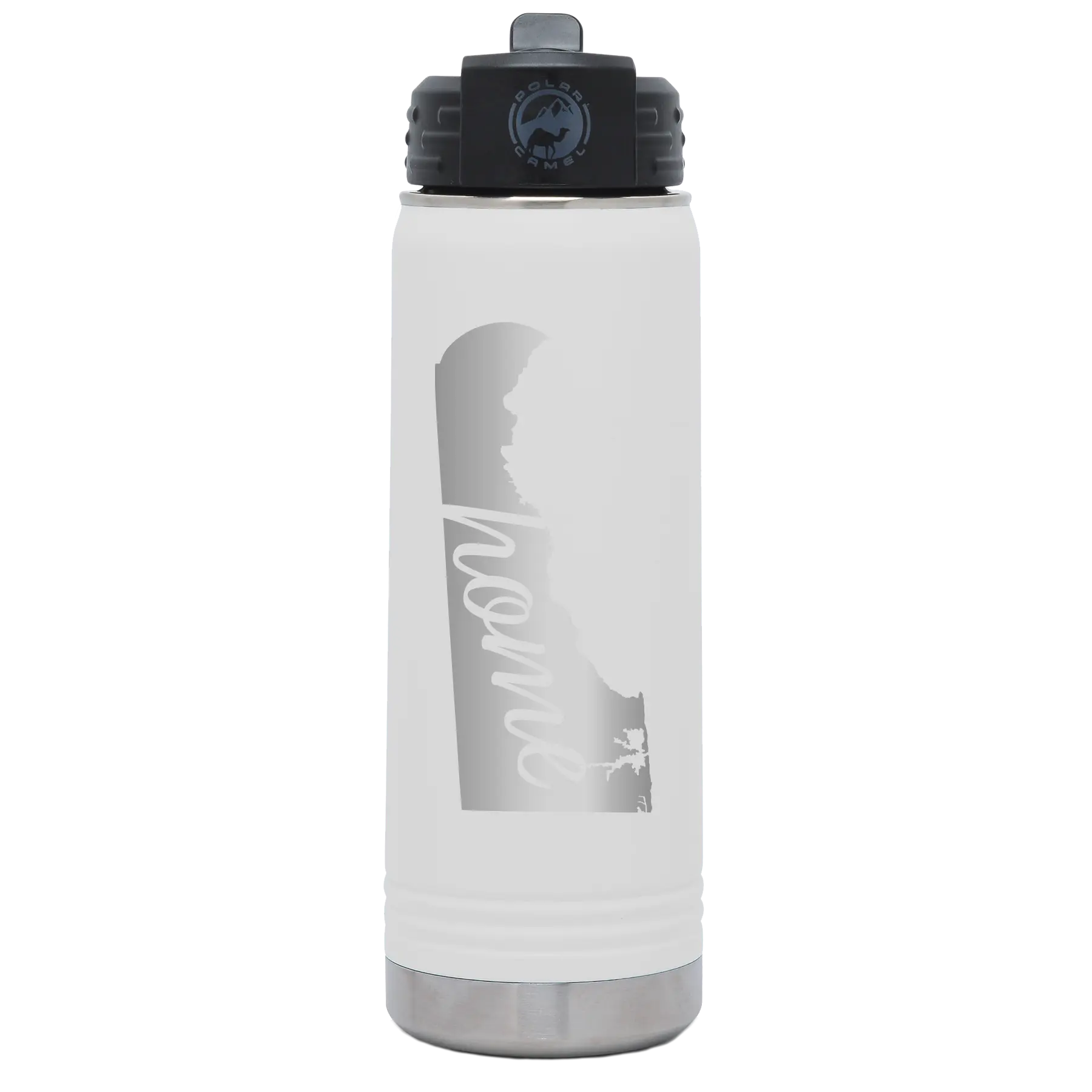 Laser etched white 20 oz vacuum insulated water bottle with 'Delaware Home' design
