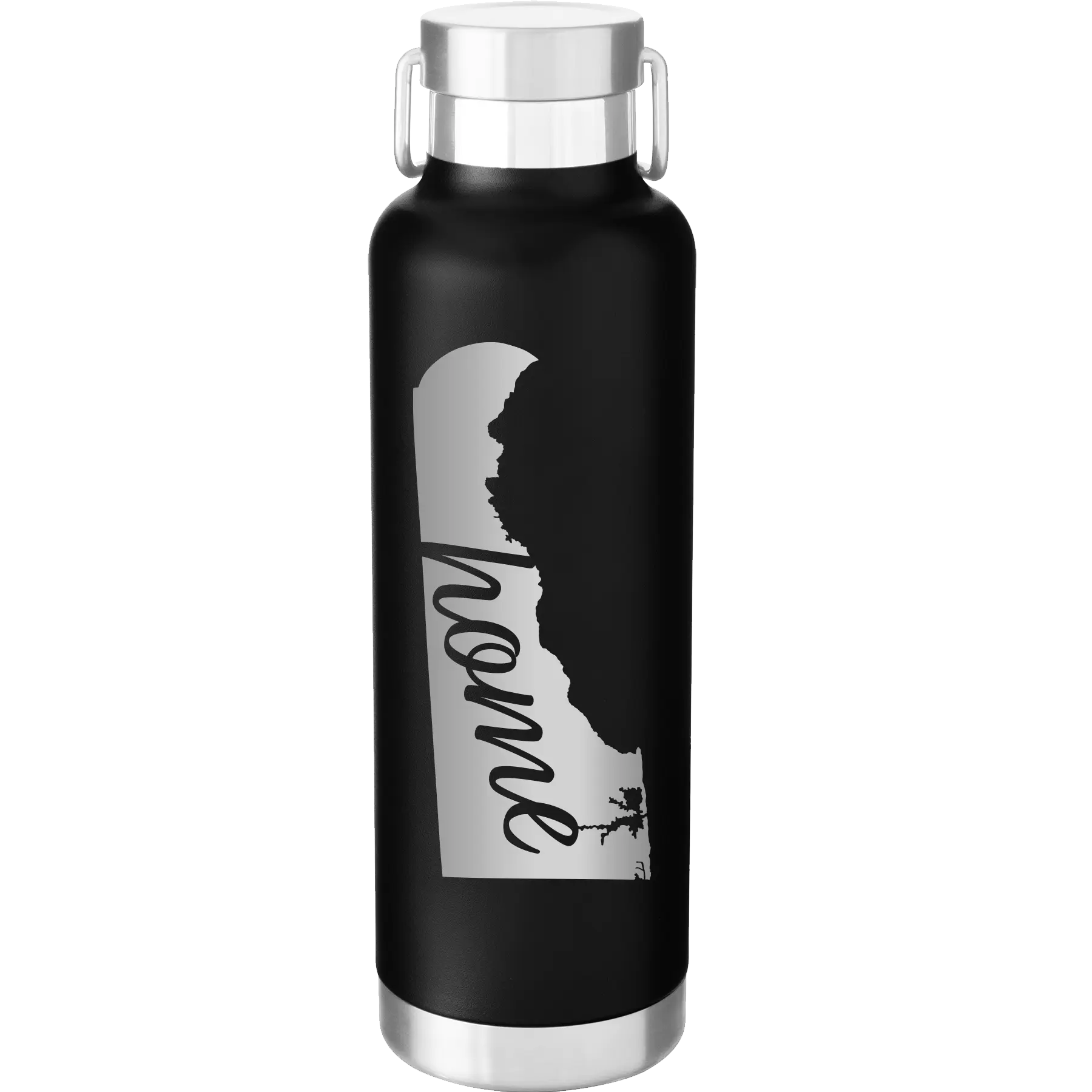 Laser etched black 24 oz vacuum insulated water bottle with 'Delaware Home' design