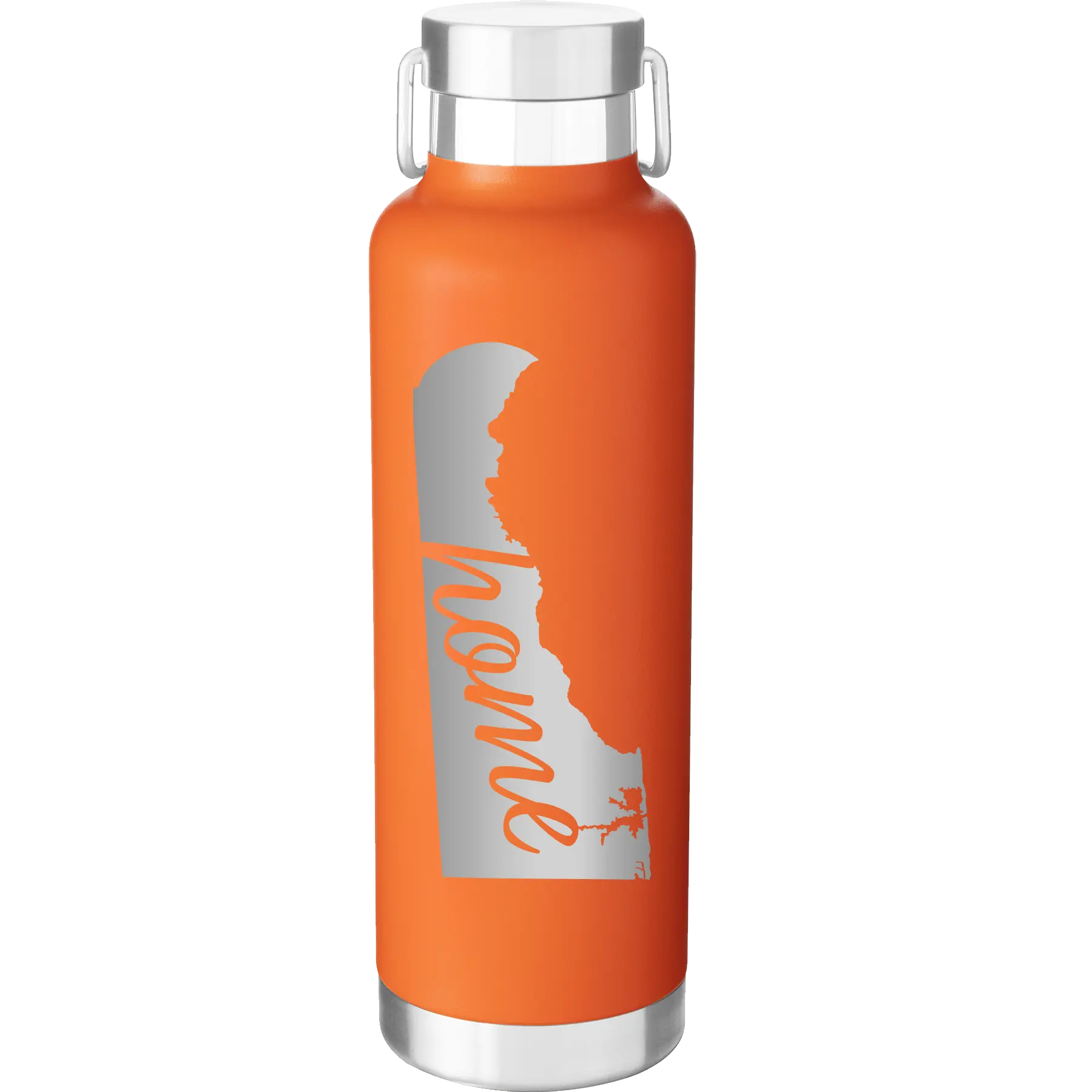 Laser etched orange 24 oz vacuum insulated water bottle with 'Delaware Home' design