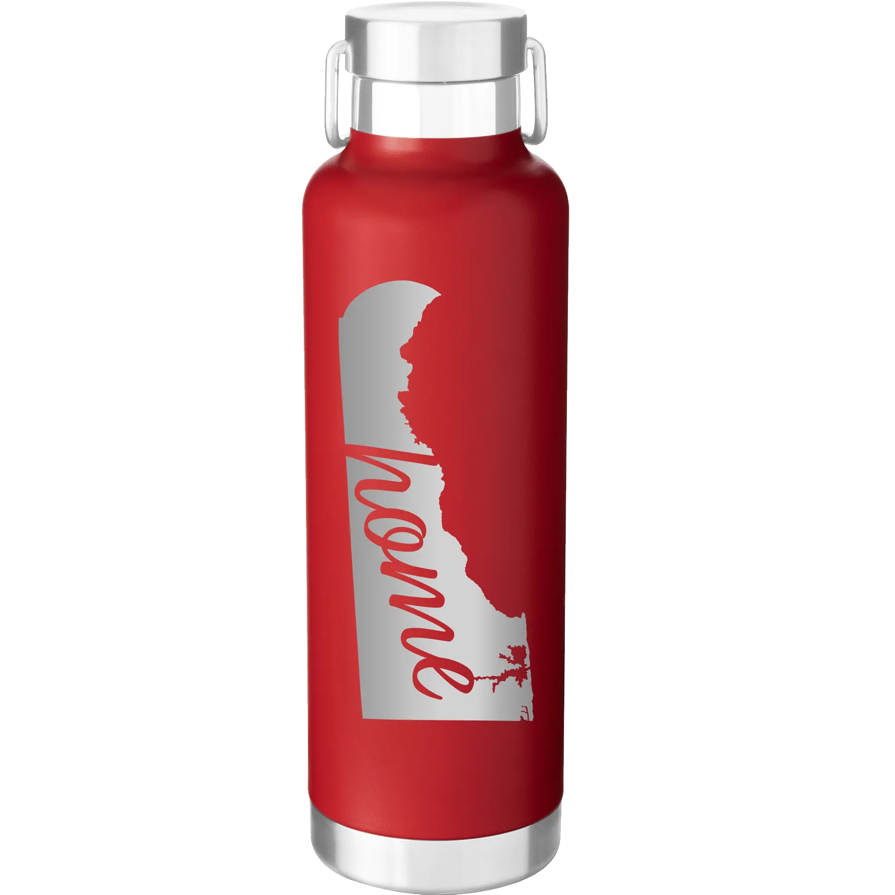 Laser etched red 24 oz vacuum insulated water bottle with 'Delaware Home' design