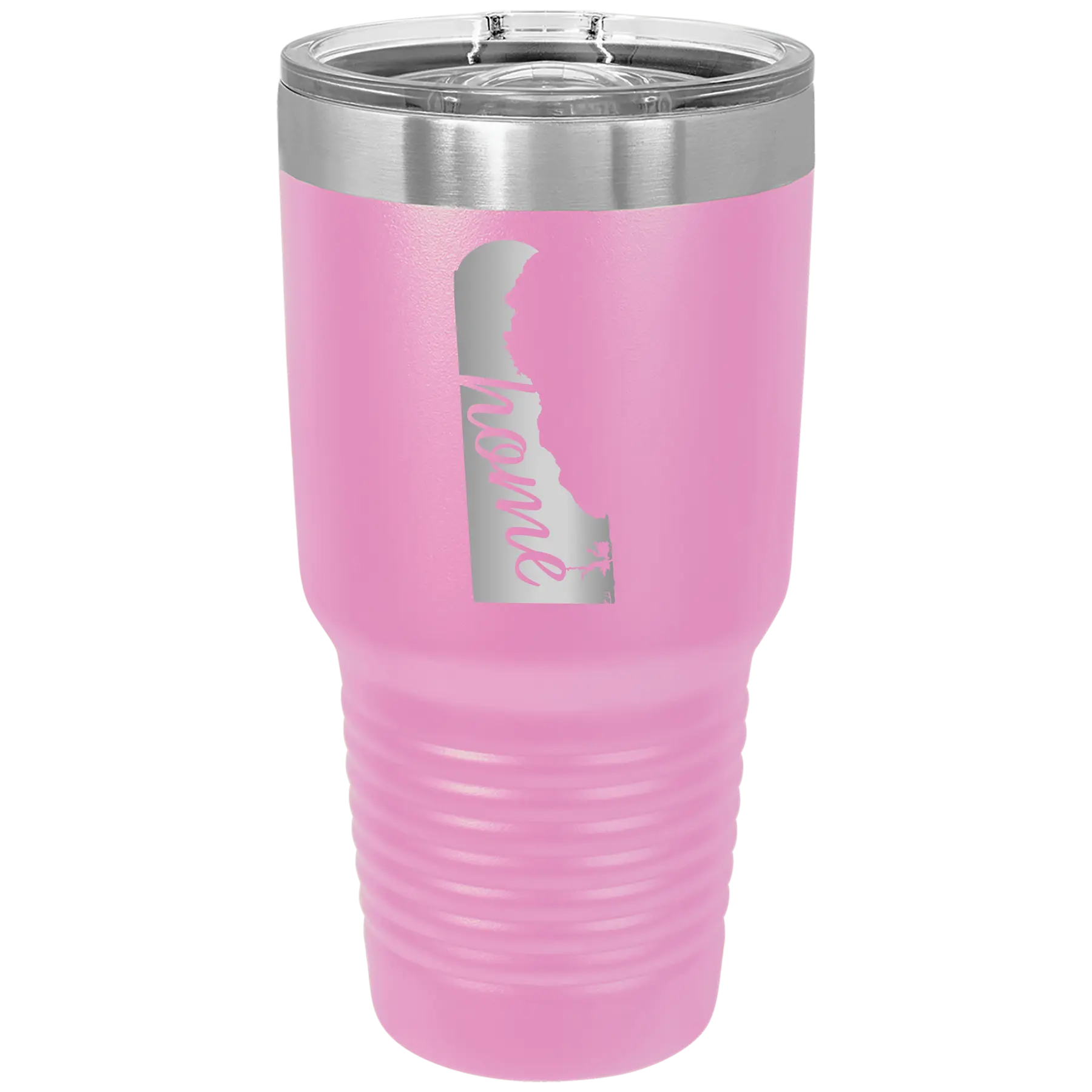 Laser etched light purple 30 oz vacuum insulated tumbler with 'Delaware Home' design