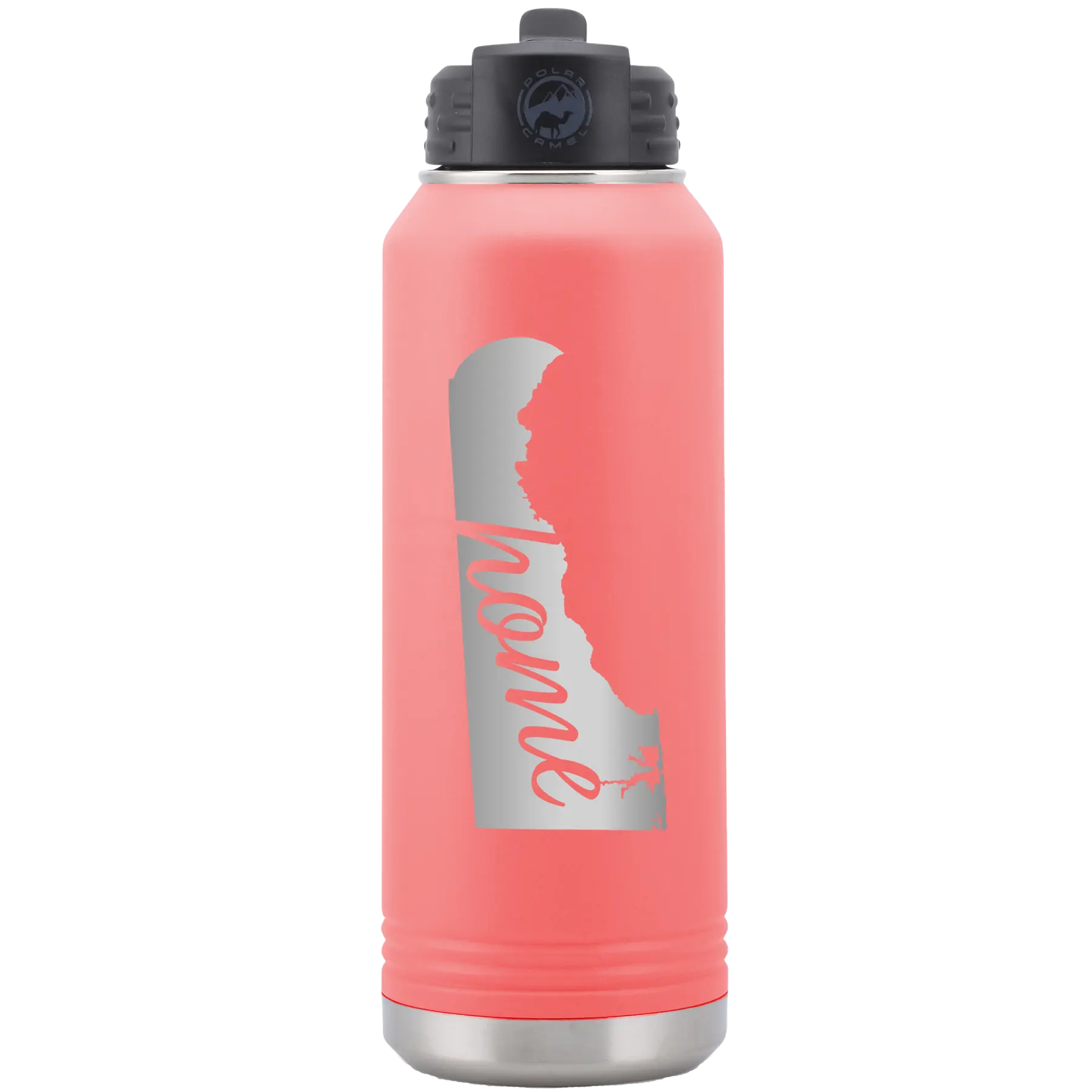 Laser etched coral 32 oz vacuum insulated water bottle with 'Delaware Home' design