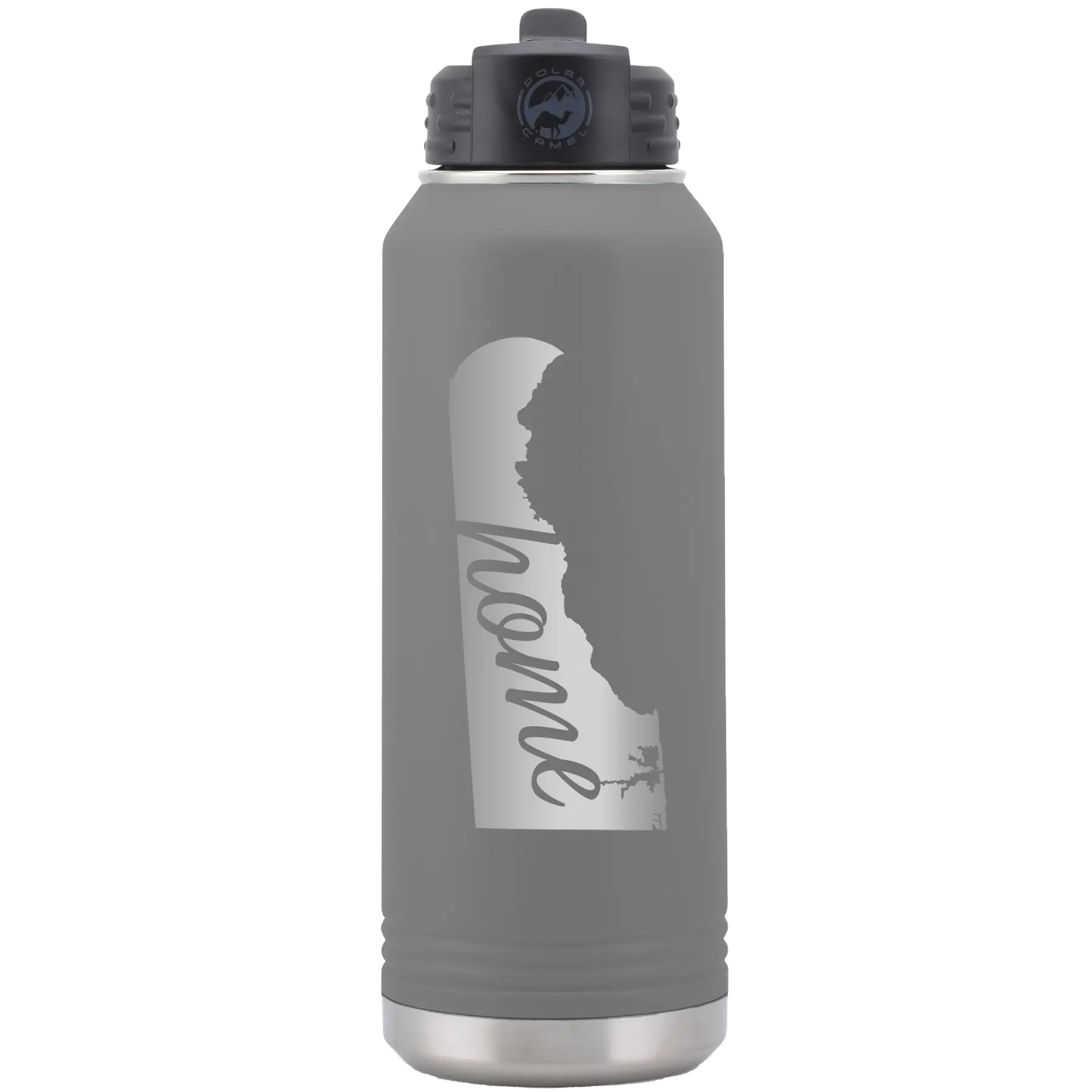 Laser etched dark gray 32 oz vacuum insulated water bottle with 'Delaware Home' design