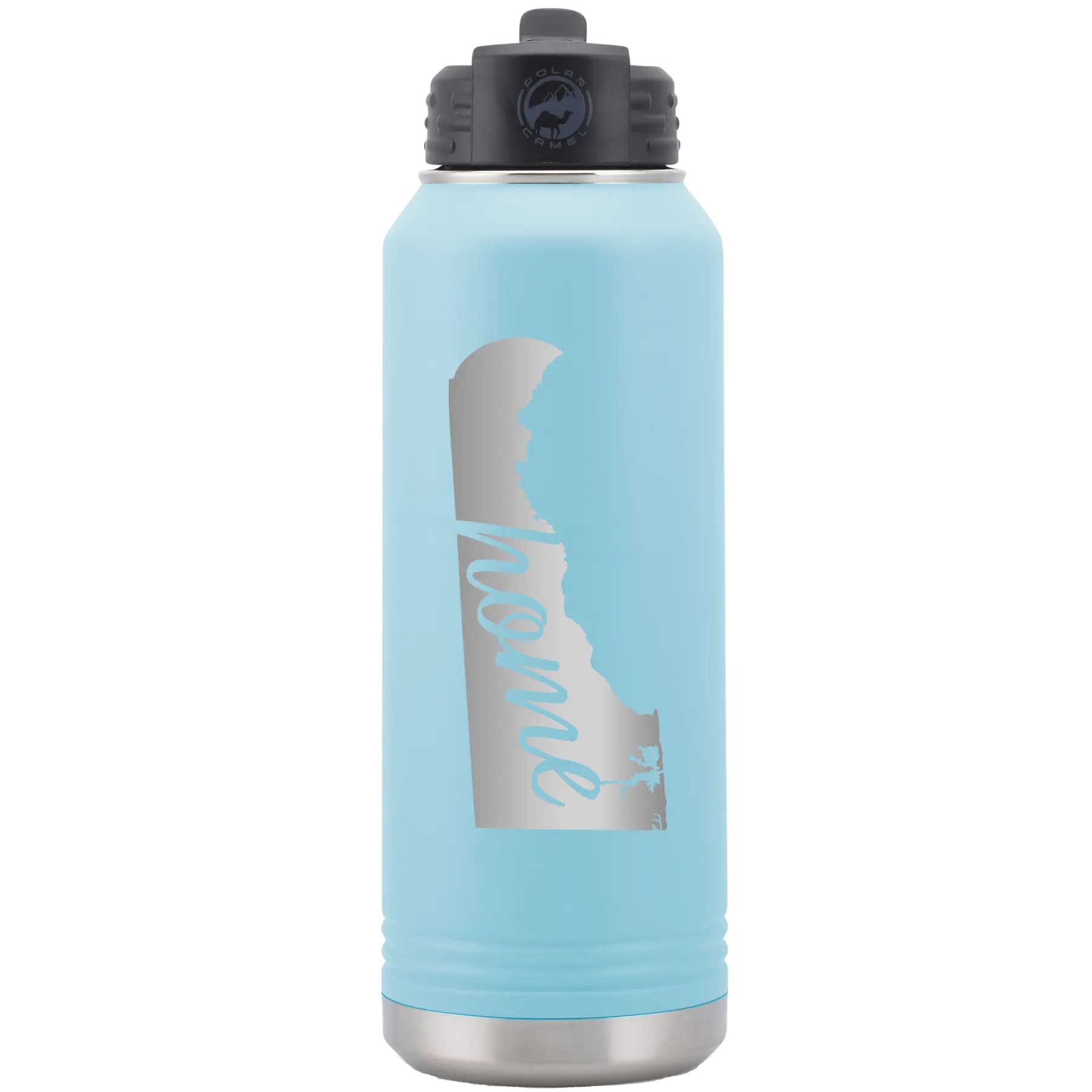 Laser etched light blue 32 oz vacuum insulated water bottle with 'Delaware Home' design