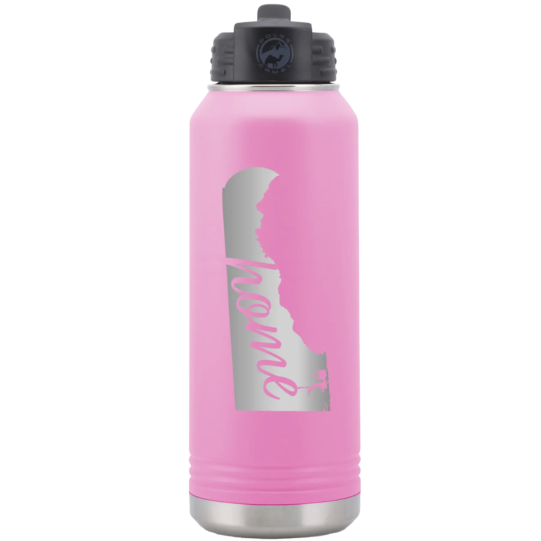 Laser etched light purple 32 oz vacuum insulated water bottle with 'Delaware Home' design