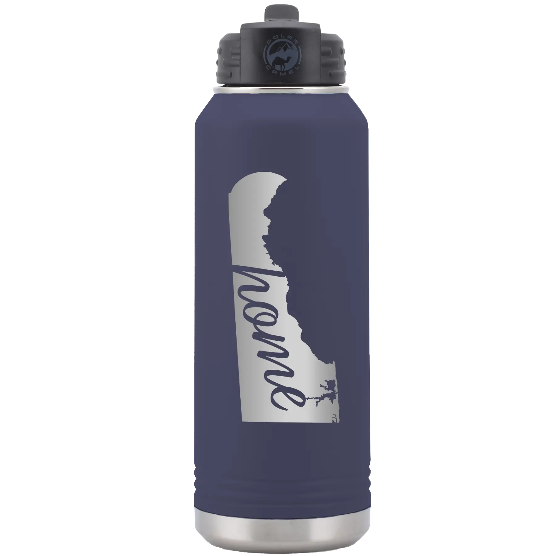 Laser etched navy 32 oz vacuum insulated water bottle with 'Delaware Home' design