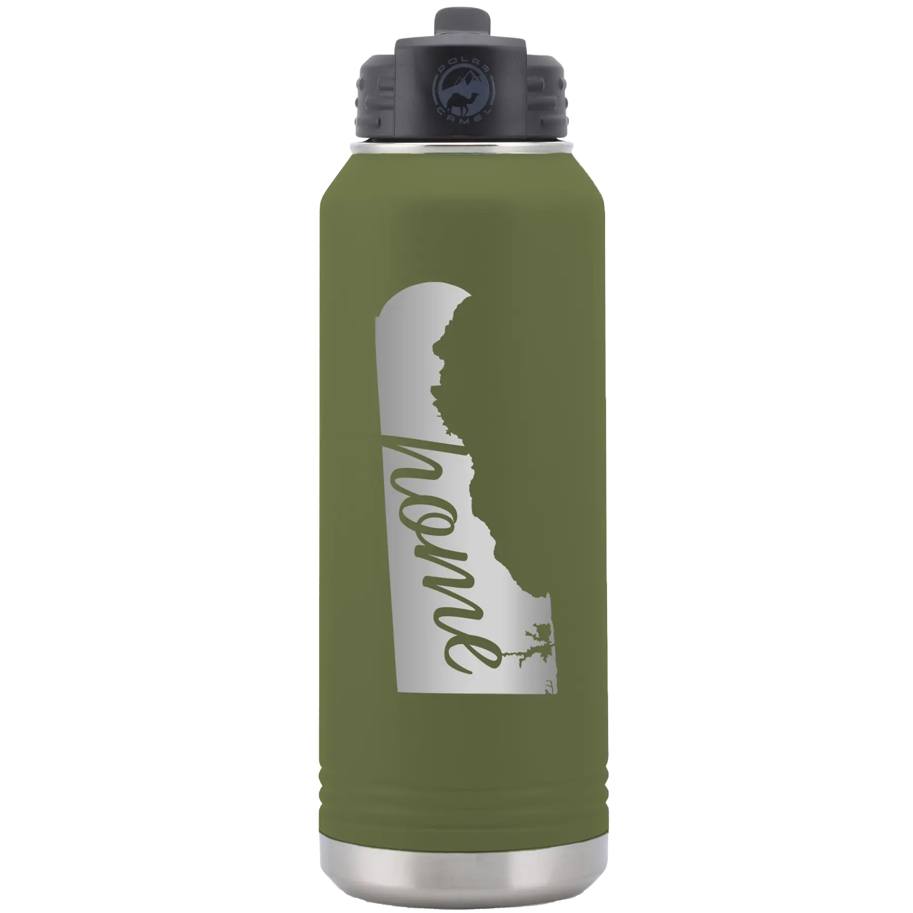 Laser etched olive green 32 oz vacuum insulated water bottle with 'Delaware Home' design