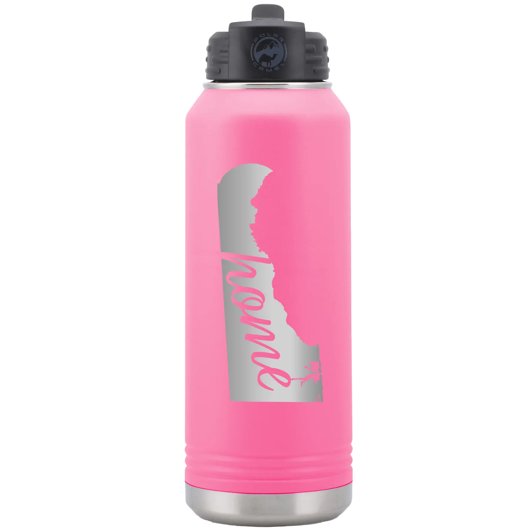 Laser etched pink 32 oz vacuum insulated water bottle with 'Delaware Home' design