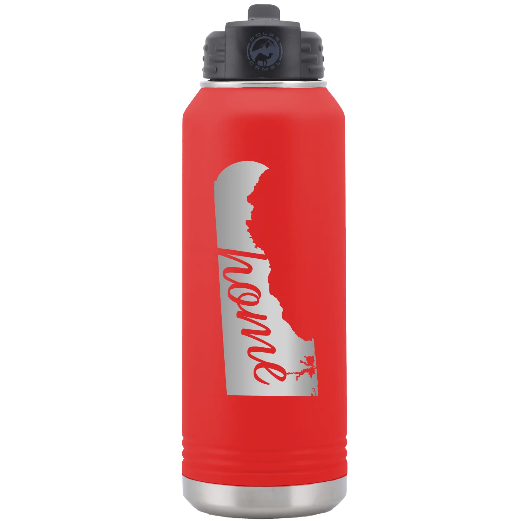 Laser etched red 32 oz vacuum insulated water bottle with 'Delaware Home' design