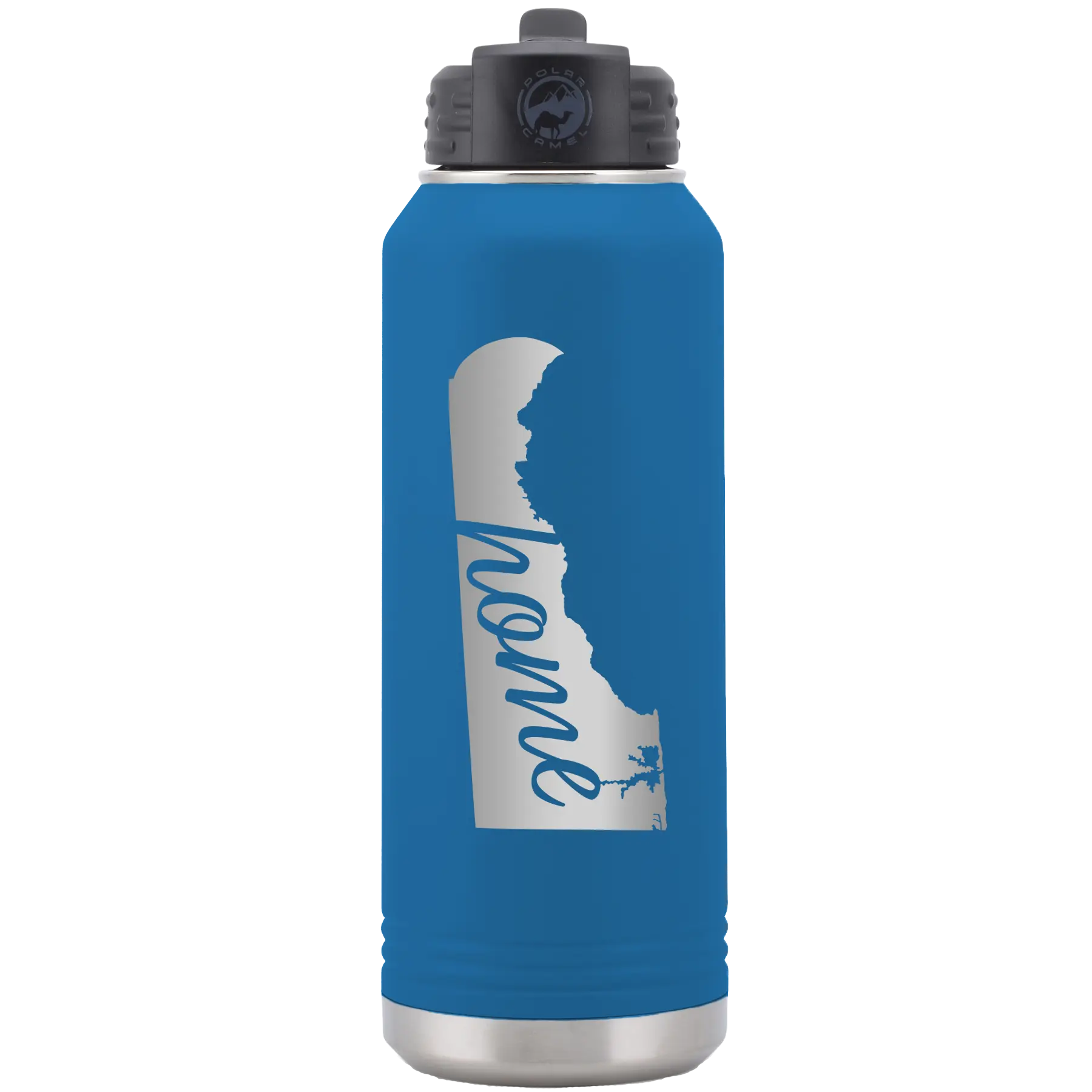 Laser etched royal blue 32 oz vacuum insulated water bottle with 'Delaware Home' design